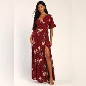 Lulus September Sunsets Burgundy Floral
Print Wrap Maxi Dress
